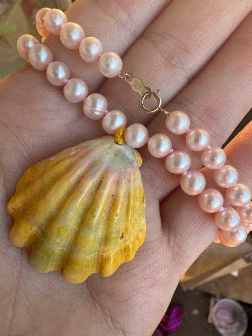 Rare Hawaii solid 10k gold genuine pearl/sunrise shell necklace-for royalty - Picture 12 of 15